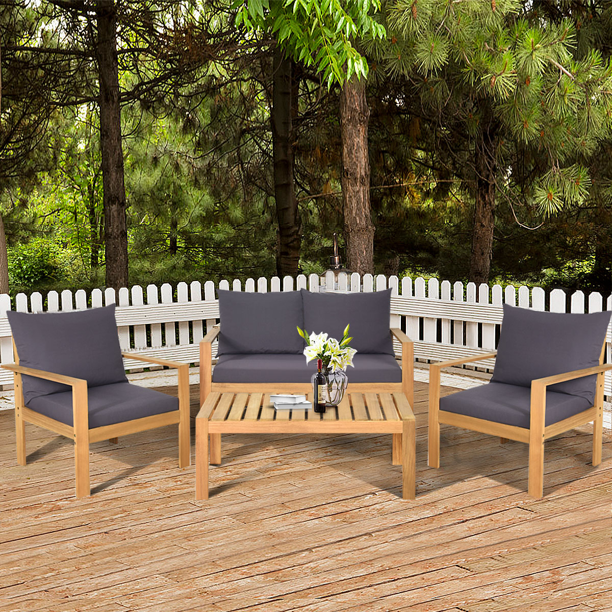 4PCS Cushioned Wooden Conversation Set Patio Outdoor Furniture Set