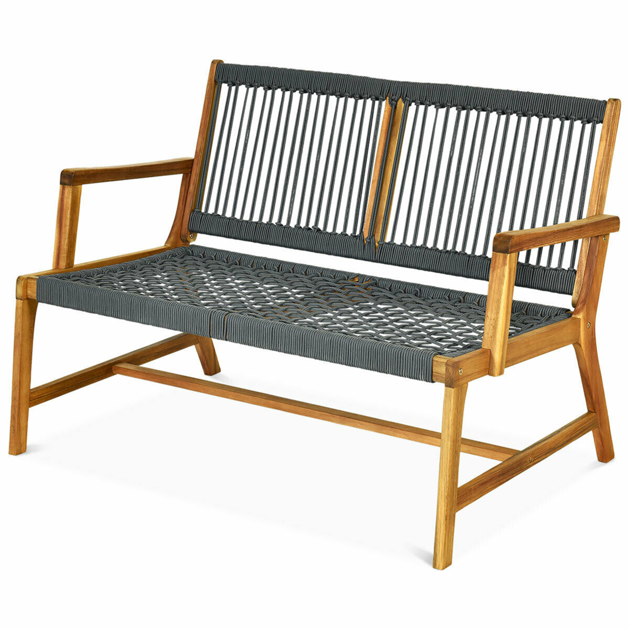 Wooden Rope Bench Loveseat Patio Garden Outdoor W/ Armrest & Backrest