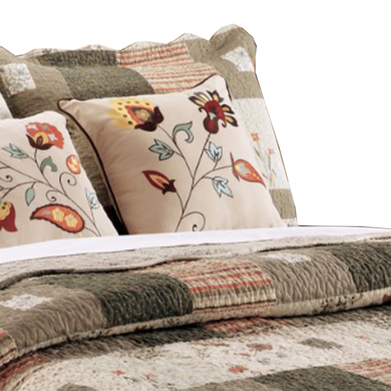 Douro Fabric 4 Piece Twin Quilt Set With Floral Print And Scalloped Edges,Brown- Saltoro Sherpi