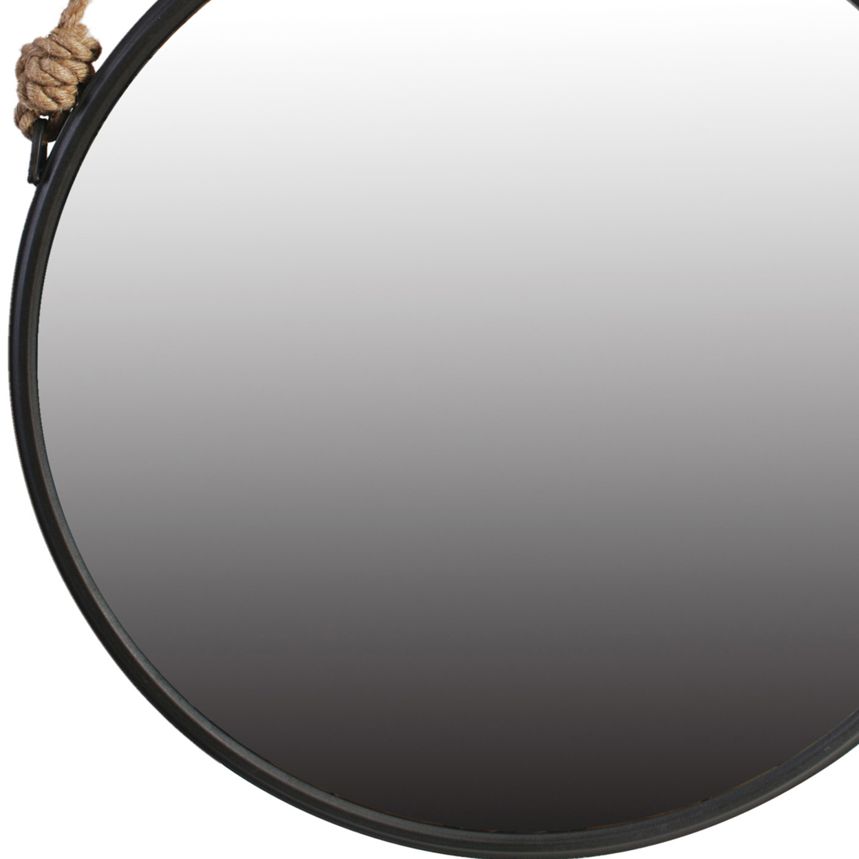 Round Metal Encased Mirror With Braided Rope Hanger, Black- Saltoro Sherpi