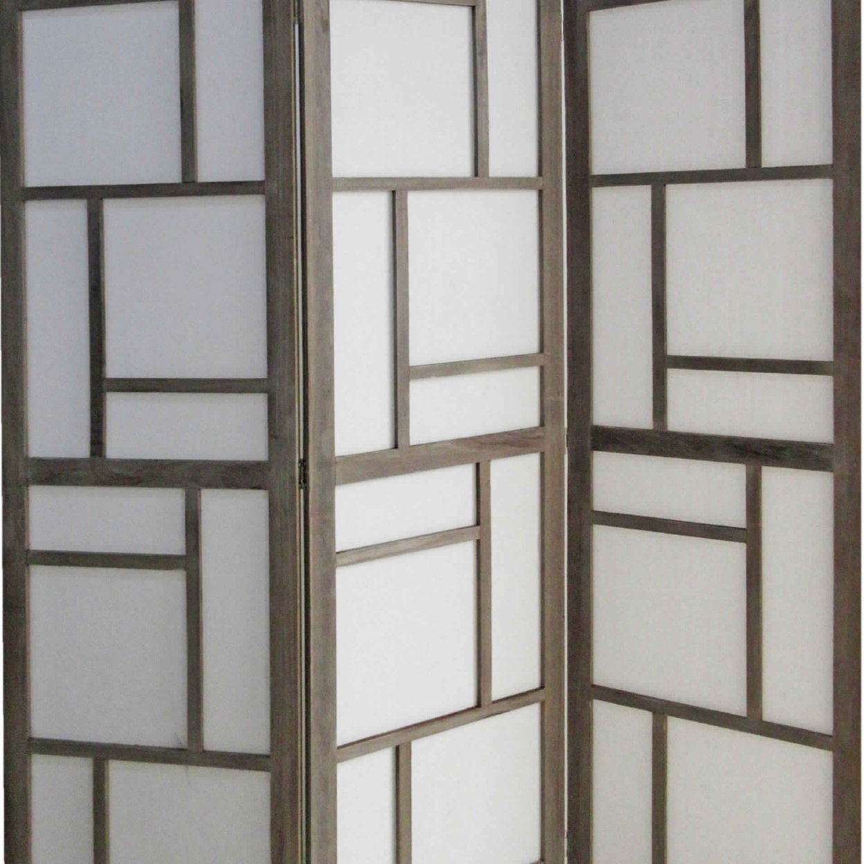 Contemporary 3 Panel Wooden Screen With Geometrical Designs, Gray- Saltoro Sherpi