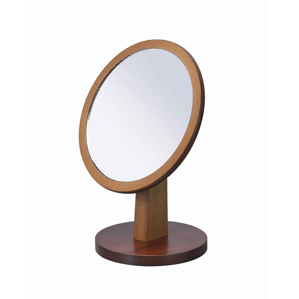 Wooden Makeup Round Mirror With Pedestal Base, Brown And Silver- Saltoro Sherpi