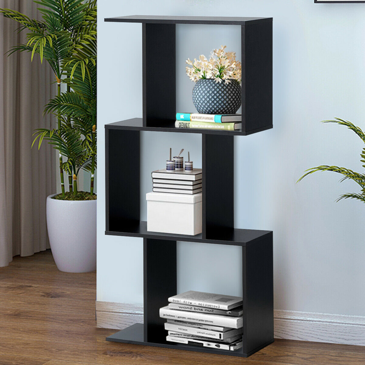 3-tier S-Shaped Bookcase Free Standing Storage Rack Wooden Display Decor Black