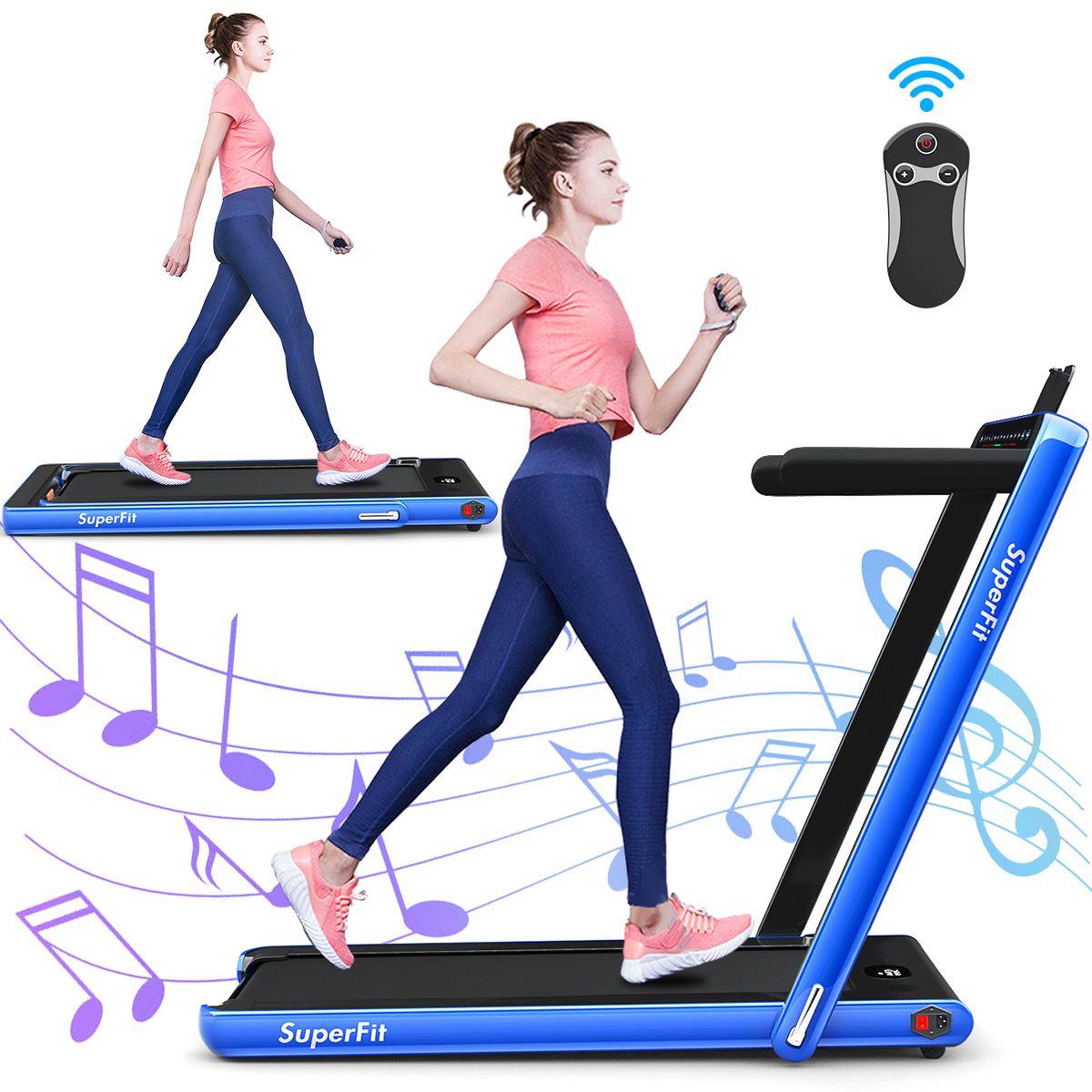 2 In 1 Folding Treadmill 2.25HP Running Machine W/ Dual Display - Blue