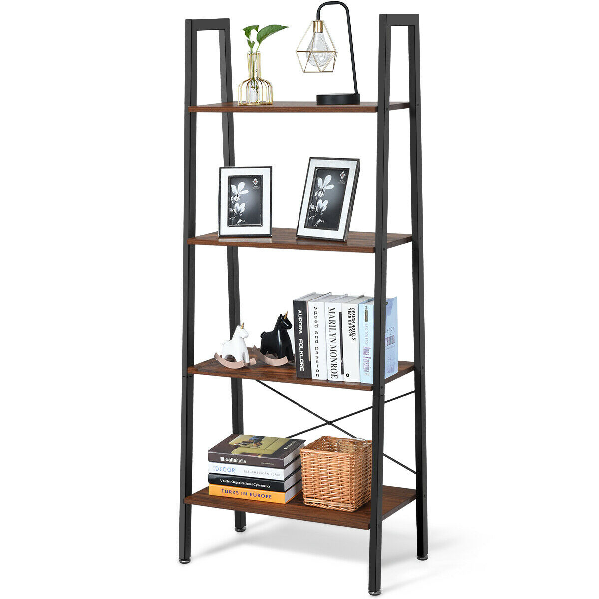 4-Tier Ladder Shelf Ladder Bookcase Bookshelf Display Rack Plant Stand Wood