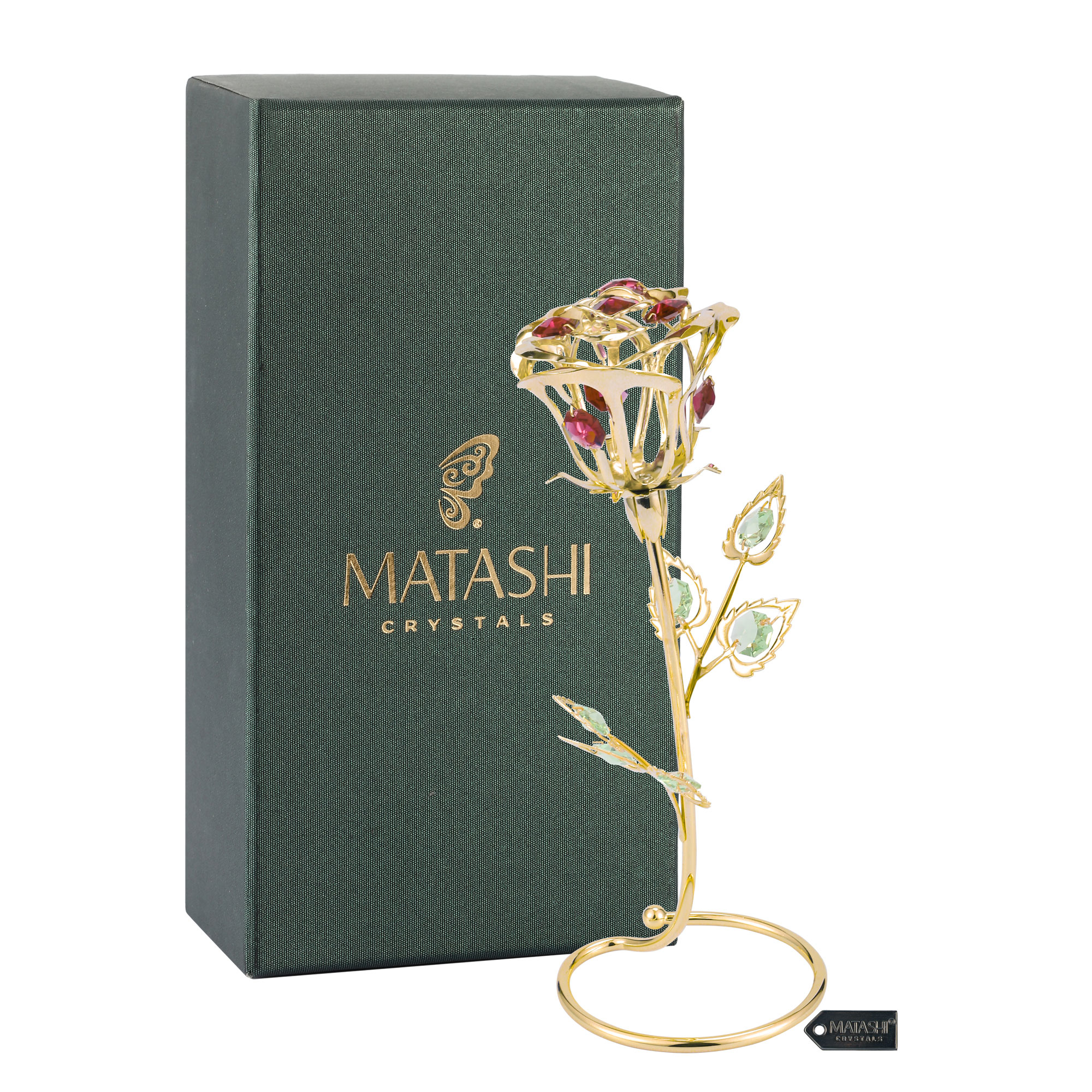 24K Gold Plated Rose Flower Tabletop Ornament W/ Red Pink & Green Matashi Crystals Metal Floral Arrangement Decorative Office