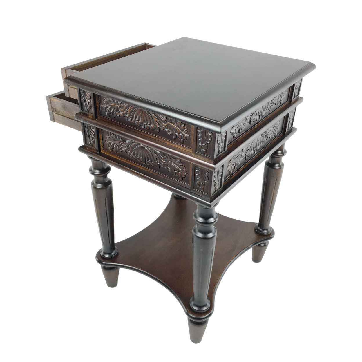 2 Drawer End Table With Intricate Carvings And Open Bottom Shelf, Brown- Saltoro Sherpi