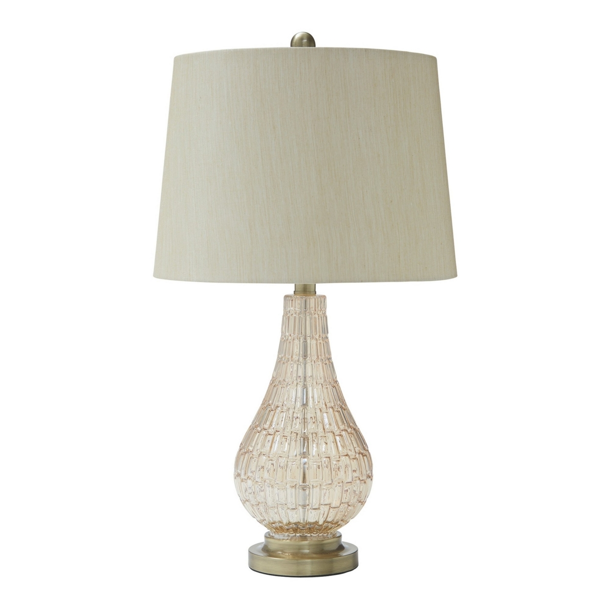 Bellied Glass Table Lamp with Fabric Drum Shade, Beige and Clear- Saltoro Sherpi