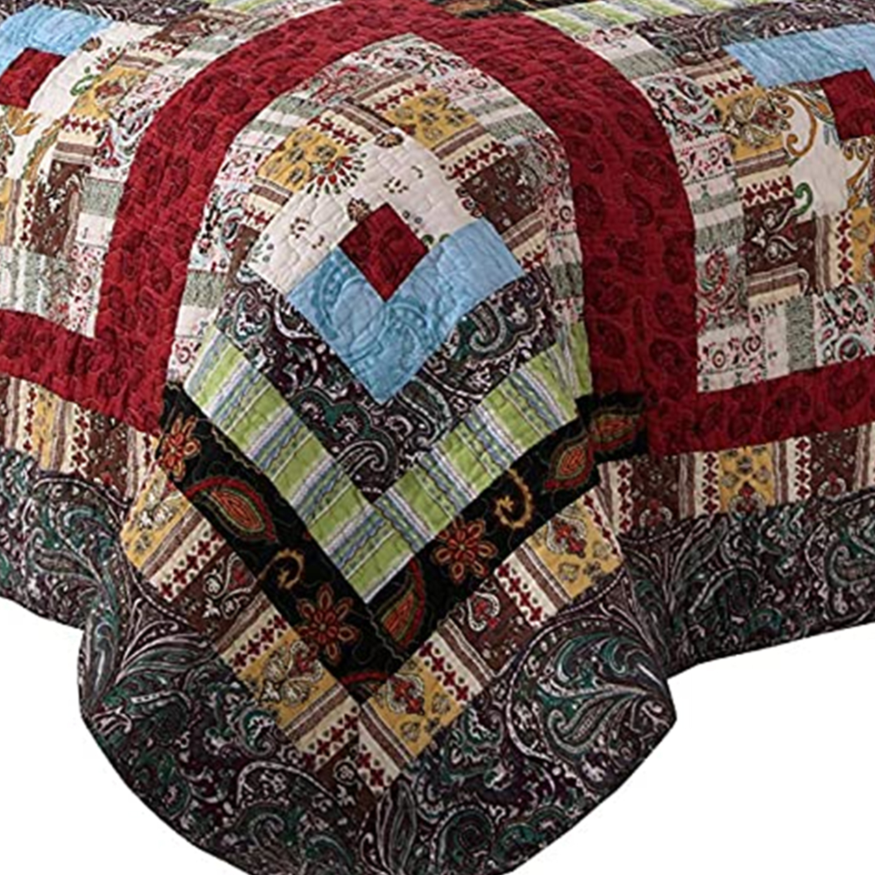 Thames 3 Piece King Size Cotton Quilt Set With Log Cabin Pattern, Multicolor- Saltoro Sherpi