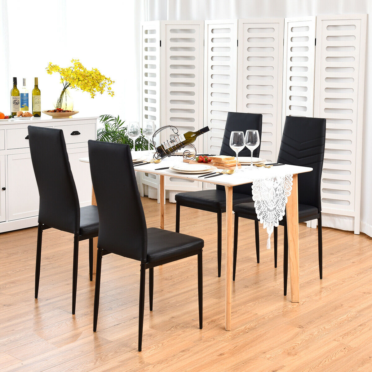 Set Of 4 PVC Dining Side Chairs With Metal Frame High Back Home Kitchen Black