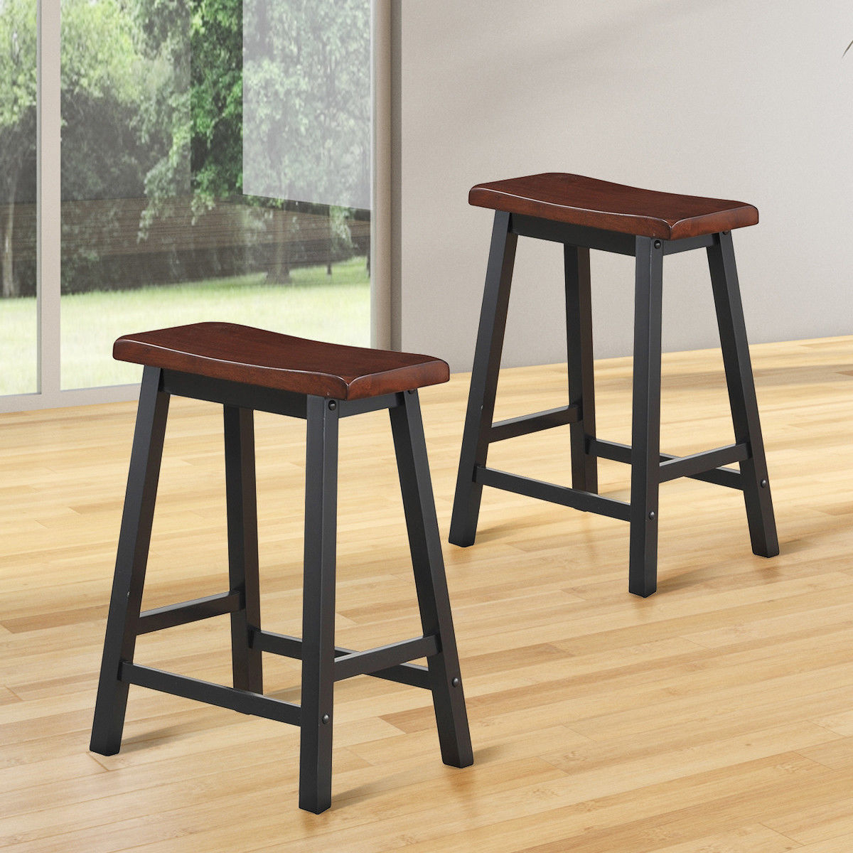 Set Of 2 Bar Stools 24''H Saddle Seat Pub Chair Home Kitchen Dining Room Brown