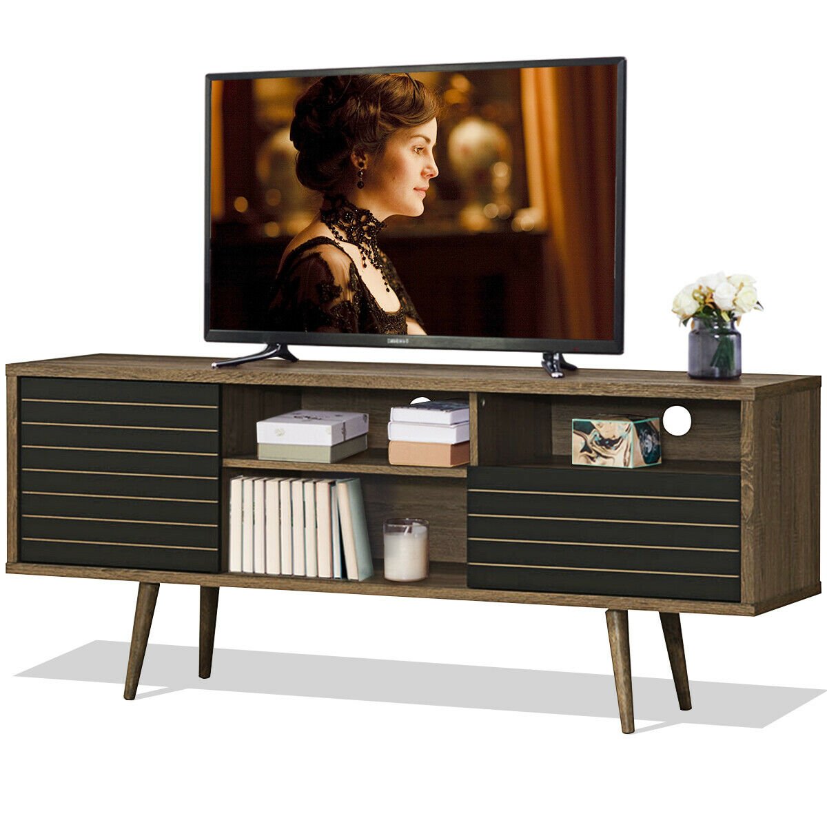 Modern TV Stand/Console Cabinet 3 Shelves Storage Drawer Splayed Leg Wood/Black