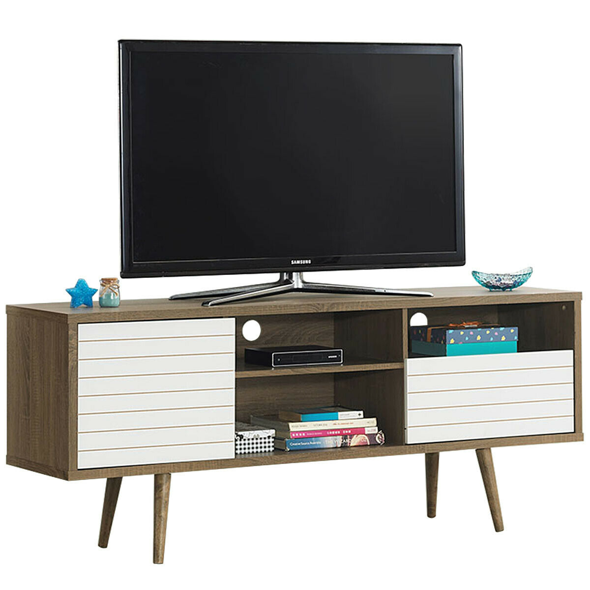 Modern TV Stand/Console Cabinet 3 Shelves Storage Drawer Splayed Leg Wood/White