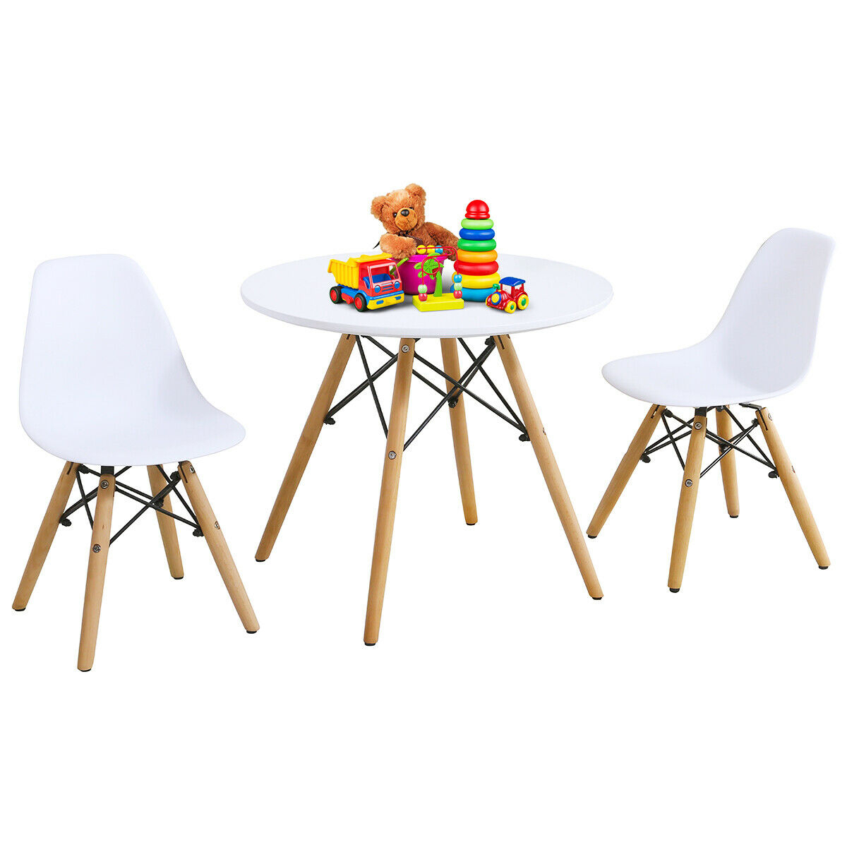 Kids Modern Dining Table Set Round Table With 2 Armless Chairs White