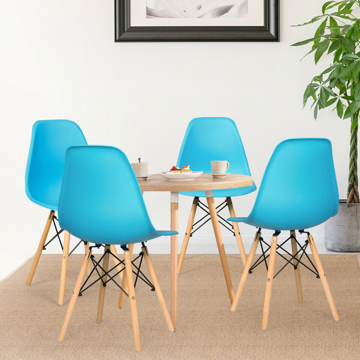 Set Of 4 Mid Century Modern DSW Dining Side Chair Wood Legs Blue
