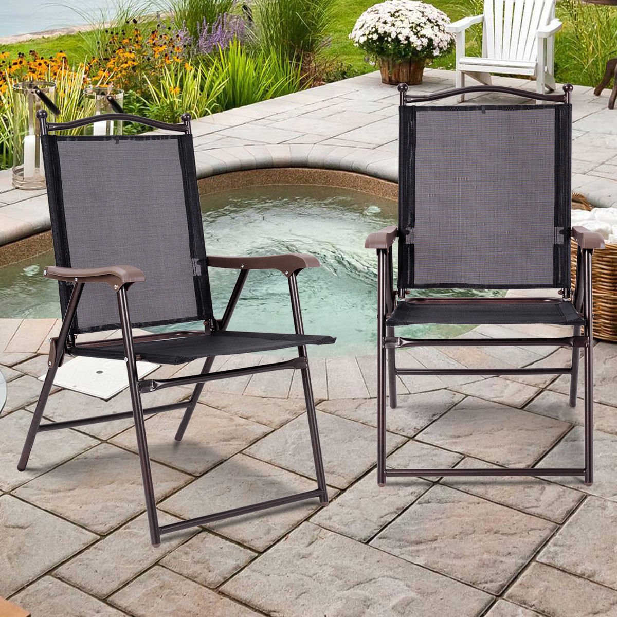 Set Of 2 Folding Patio Furniture Sling Back Chairs Outdoors Black
