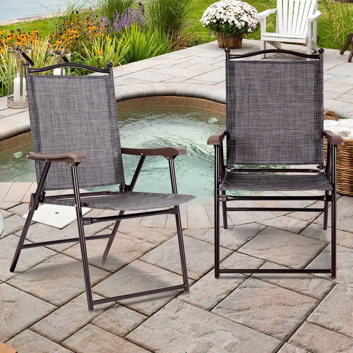 Set Of 2 Folding Patio Furniture Sling Back Chairs Outdoors Gray