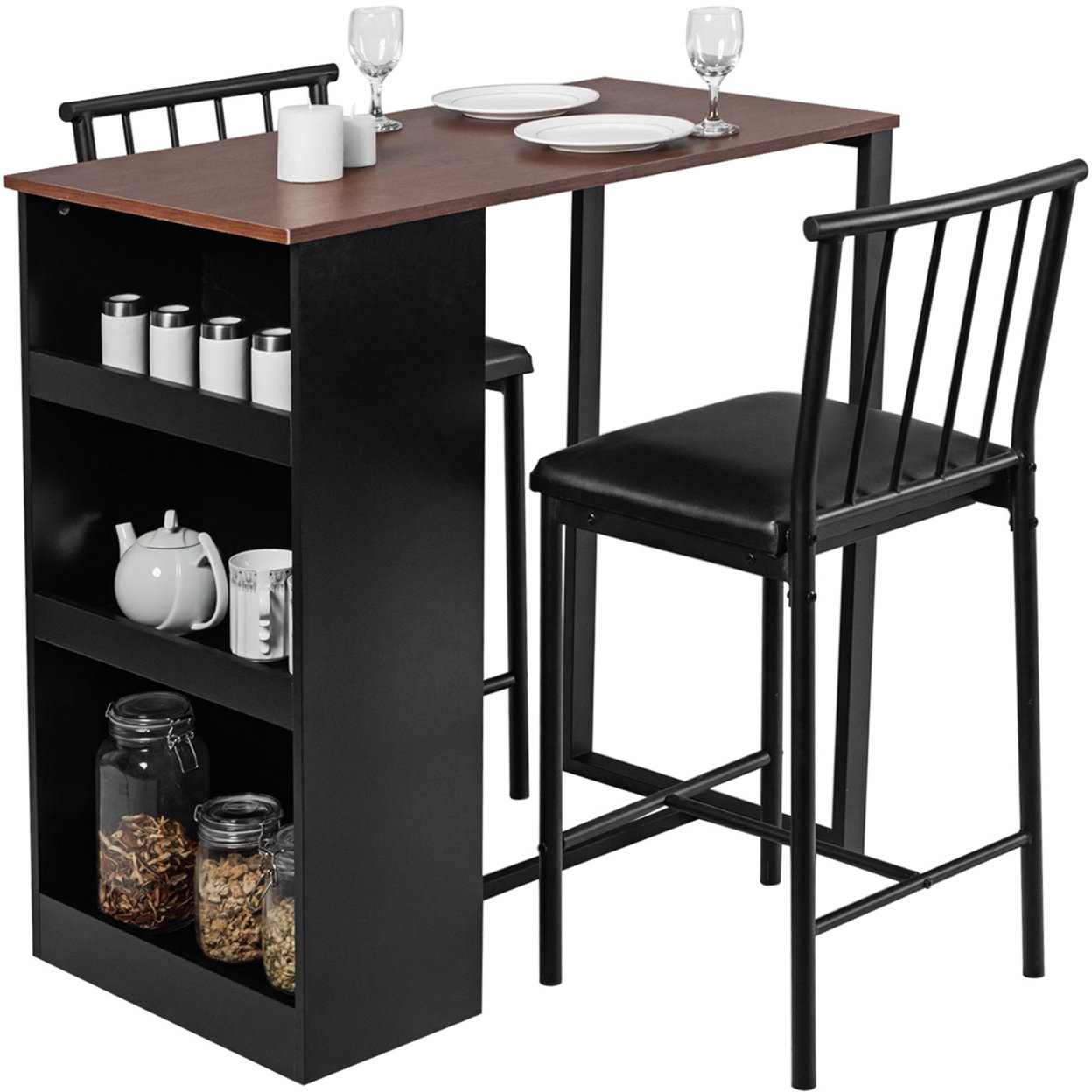 3 Piece Counter Height Pub Dining Set Kitchen Table & Chairs W/ Storage Espresso