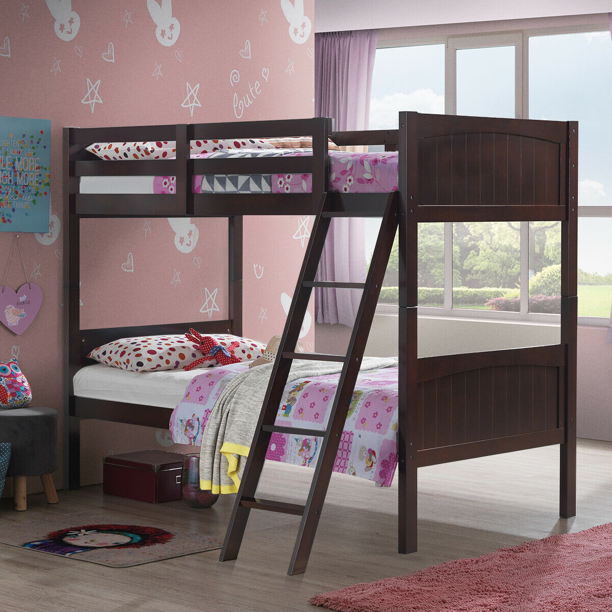 Wooden Twin Over Twin Bunk Beds Convertable 2 Individual Twin Beds Espresso