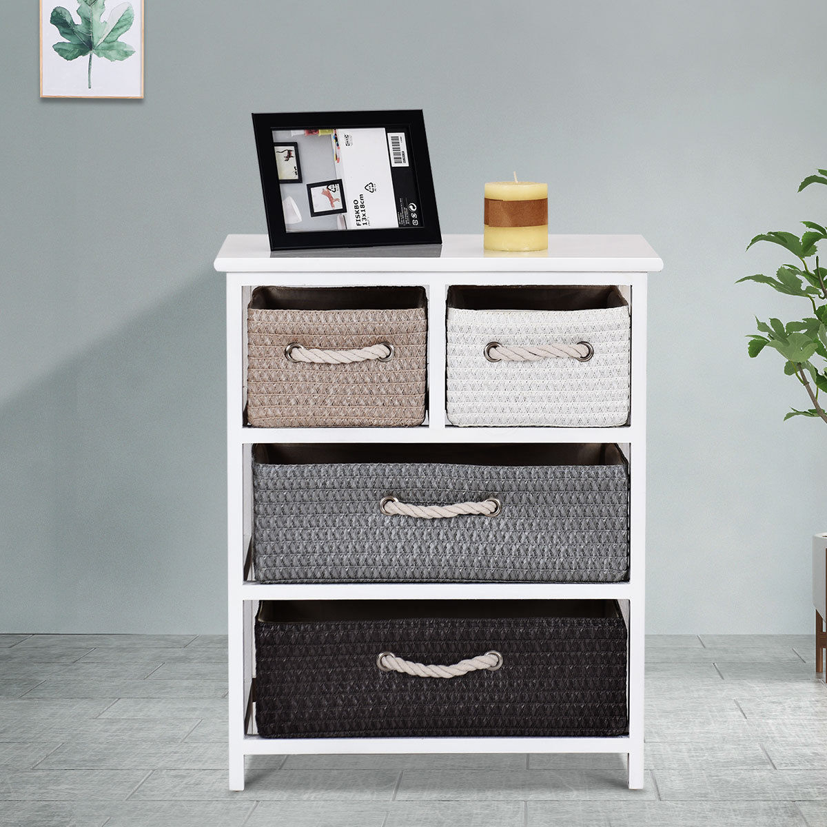 Storage Drawer Unit 4 Woven Basket Cabinet Chest Bedside Table Nightstand