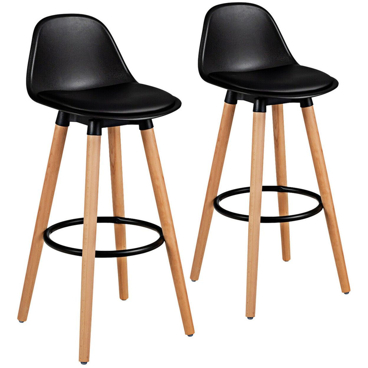 Set Of 2 Mid Century Barstool 28.5 Dining Pub Chair W/Leather Padded Seat Black