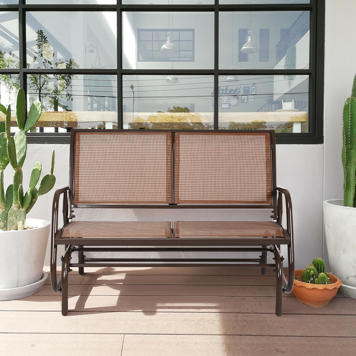 48'' Outdoor Patio Swing Glider Bench Chair Loveseat Rocker Lounge Backyard Brown