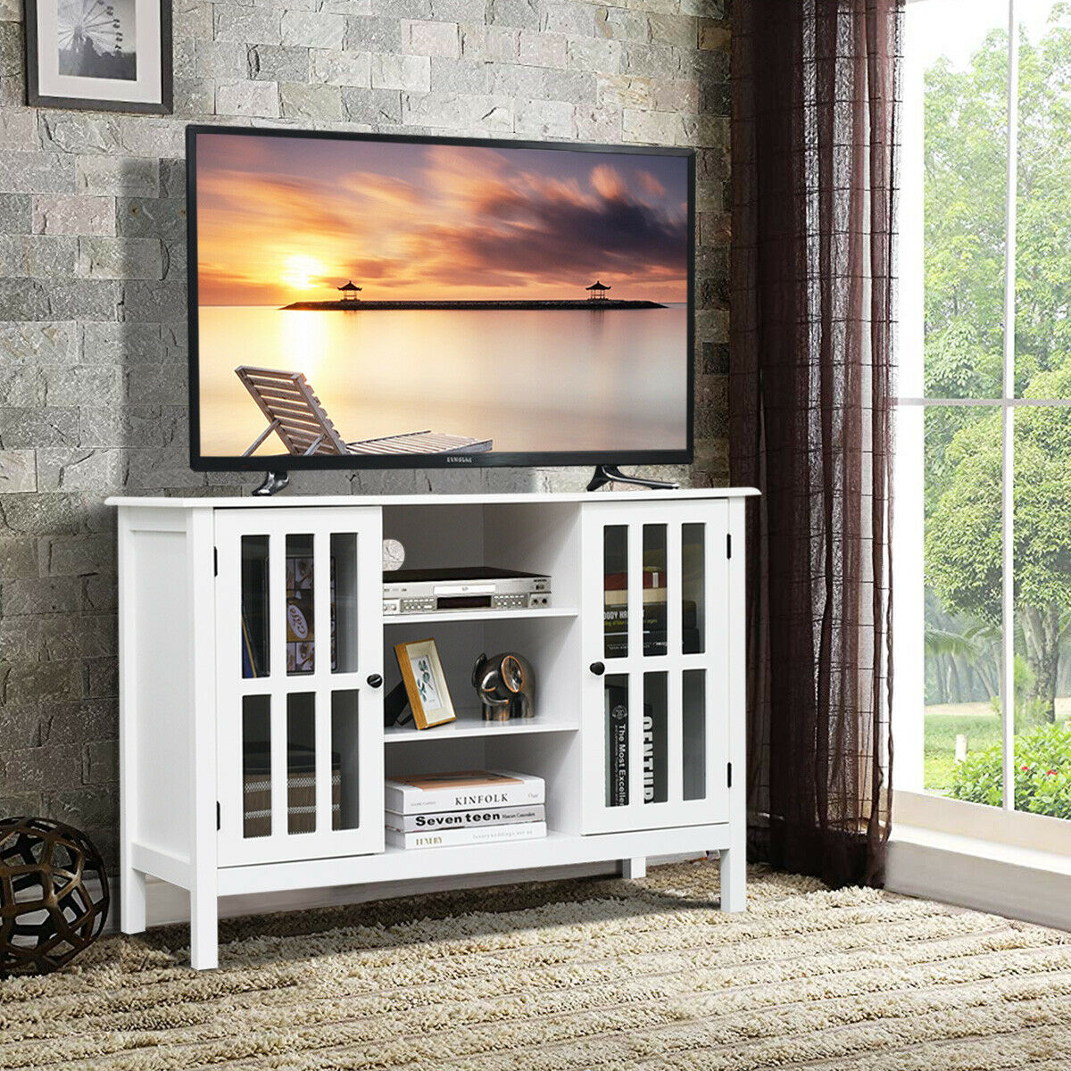 Wood TV Stand Entertainment Media Center Console For TV Up To 50'' White
