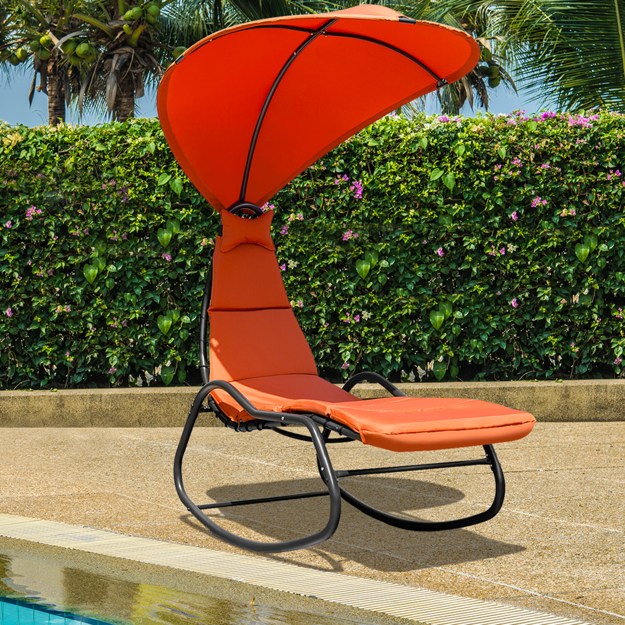 Patio Lounge Chair Chaise Garden W/ Steel Frame Cushion Canopy Orange