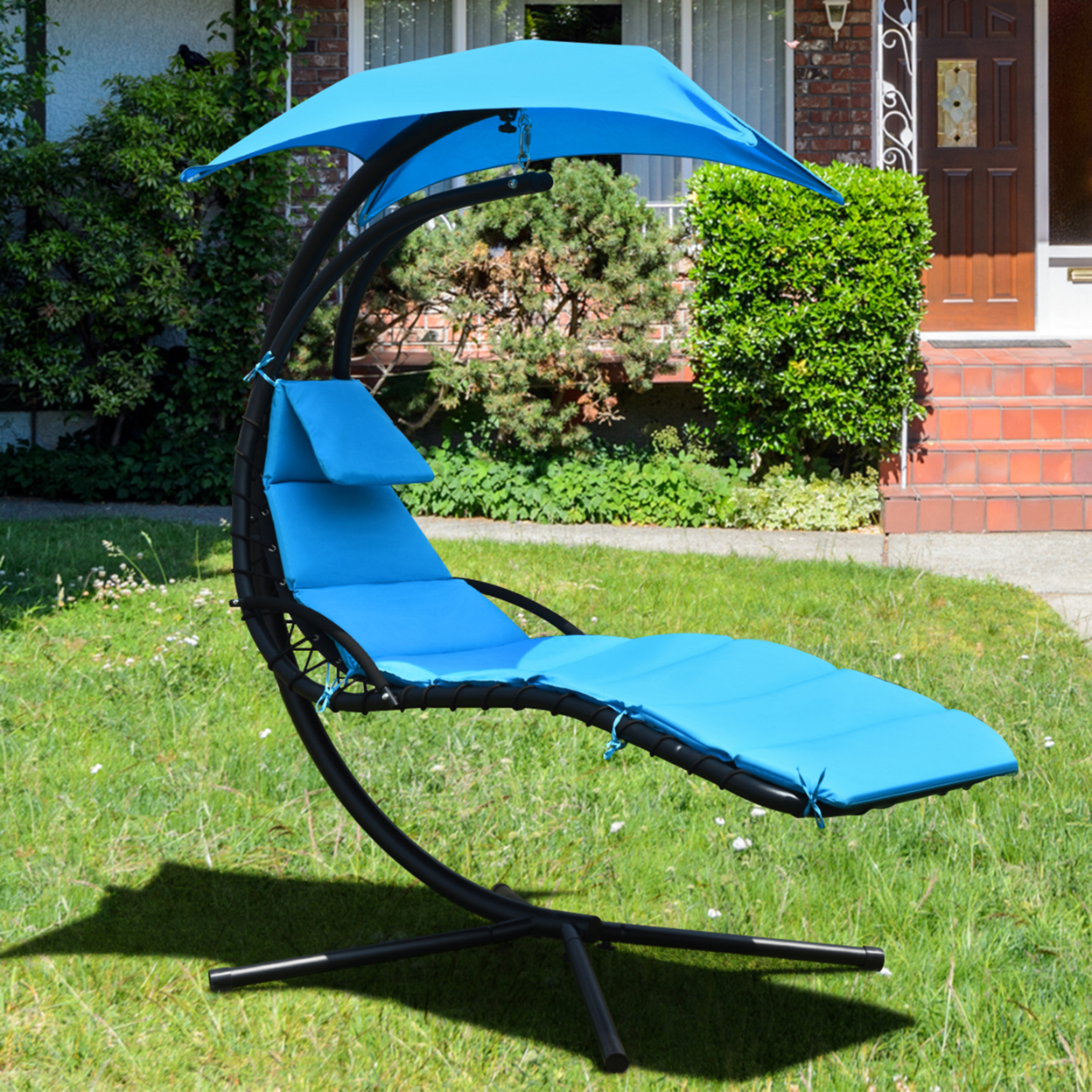 Patio Hammock Swing Chair Hanging Chaise W/ Cushion Pillow Canopy Blue