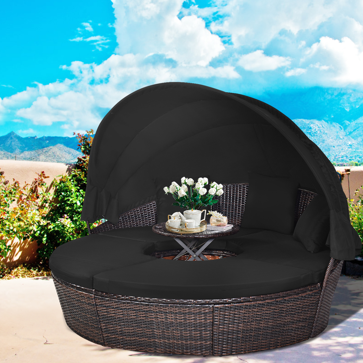 Cushioned Patio Rattan Round Daybed W/ Adjustable Table 3 Pillows Black