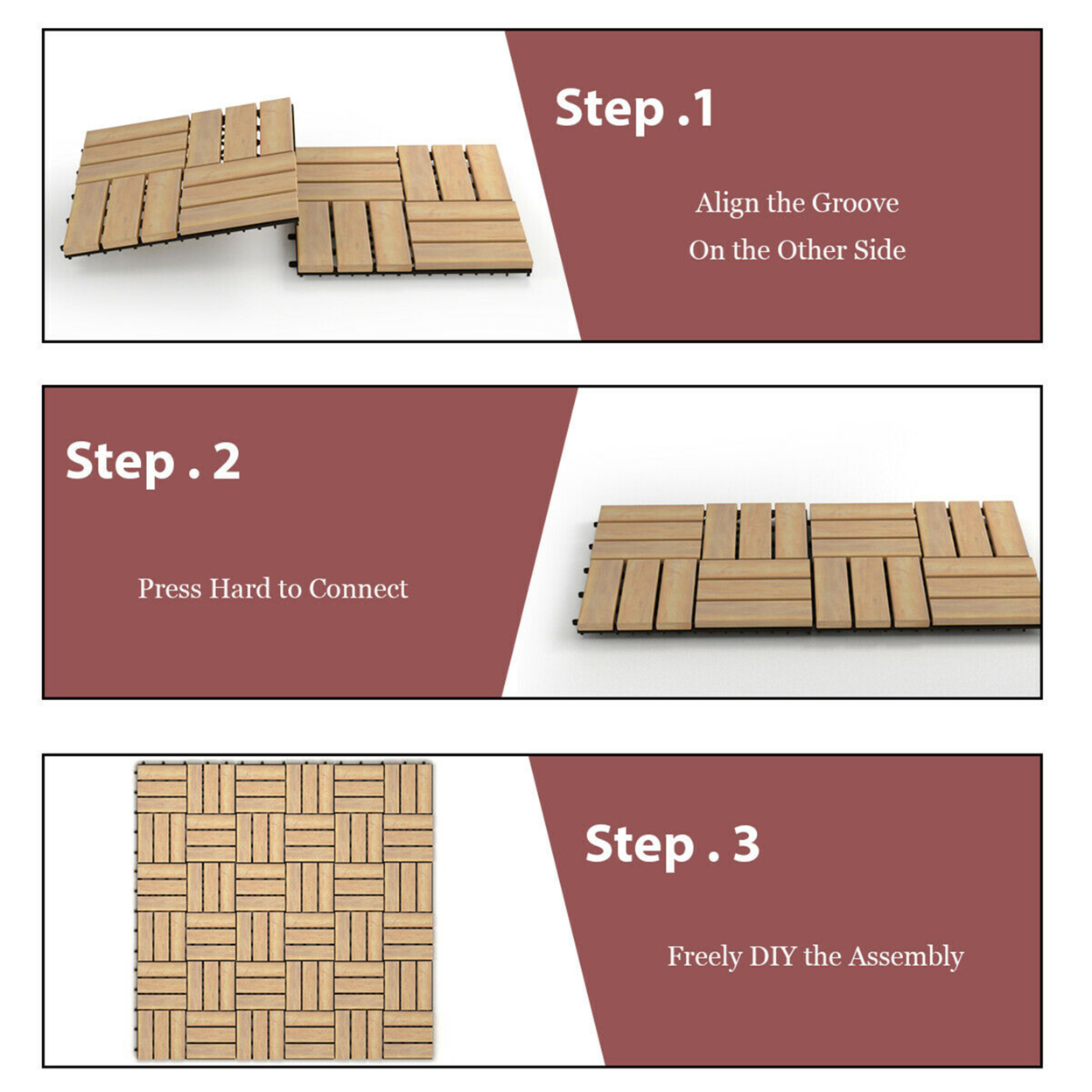 80PCS 12'' X 12'' Acacia Wood Deck Tiles Interlocking Patio Pavers Check Pattern