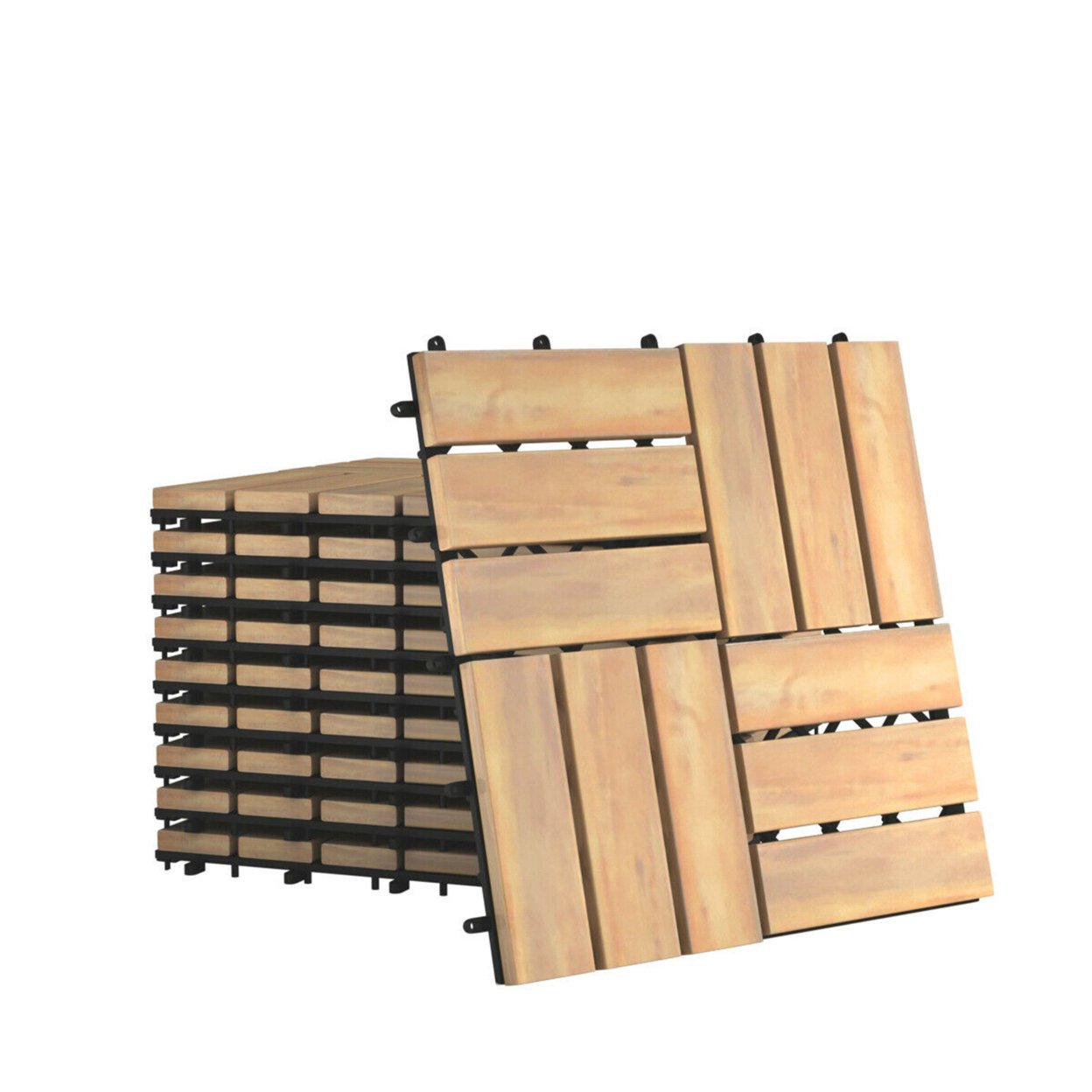 10PCS 12'' X 12'' Acacia Wood Deck Tiles Interlocking Patio Pavers Check Pattern