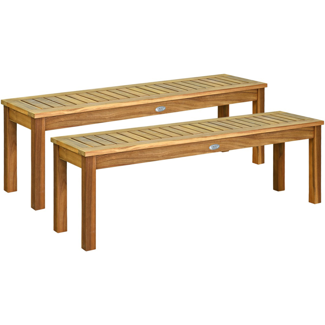 Set Of 2 Acacia Wood Bench Dining Bench Patio Garden W/ Slatted Seat Teak
