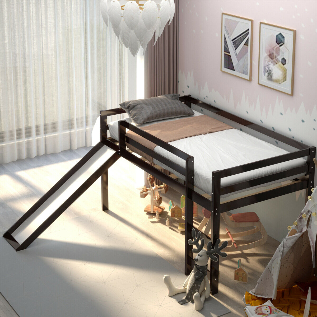 Twin Size Loft Bed With Slide Wood Low Sturdy Loft Bed For Kids Bedroom Espresso