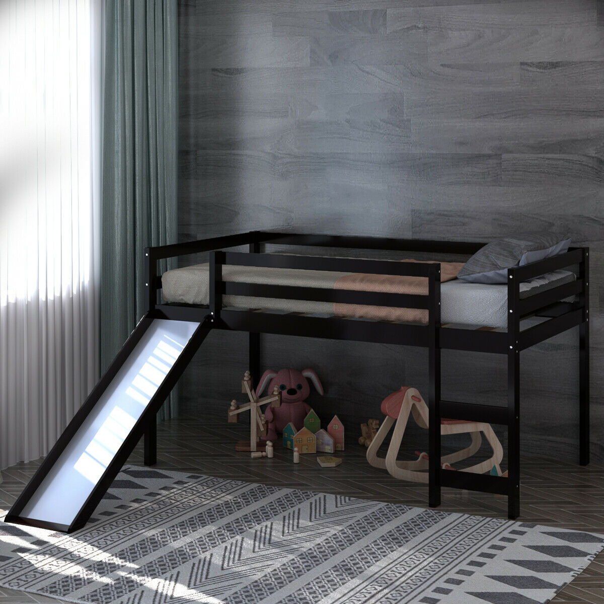 Twin Size Loft Bed With Slide Wood Low Sturdy Loft Bed For Kids Bedroom Espresso