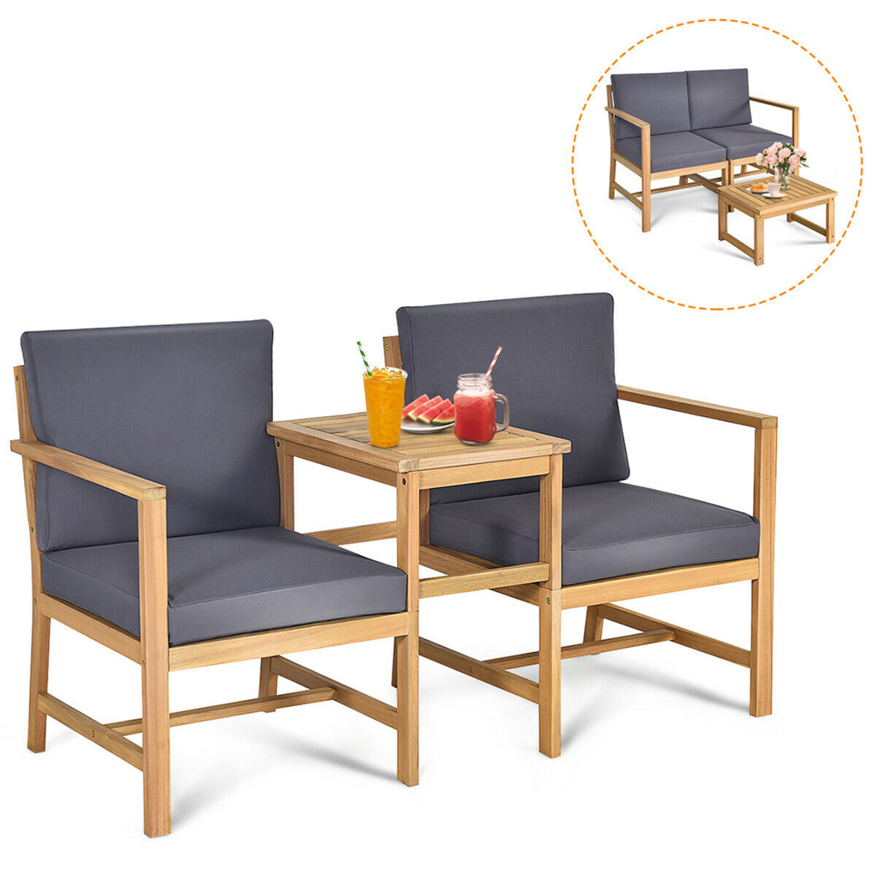 3 In 1 Acacia Wood Furniture Set Patio Outdoor W/ Cushion Coffee Table