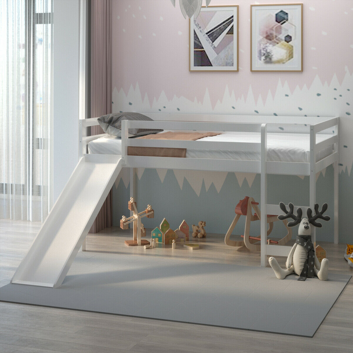 Twin Size Loft Bed With Slide Wood Low Sturdy Loft Bed For Kids Bedroom White