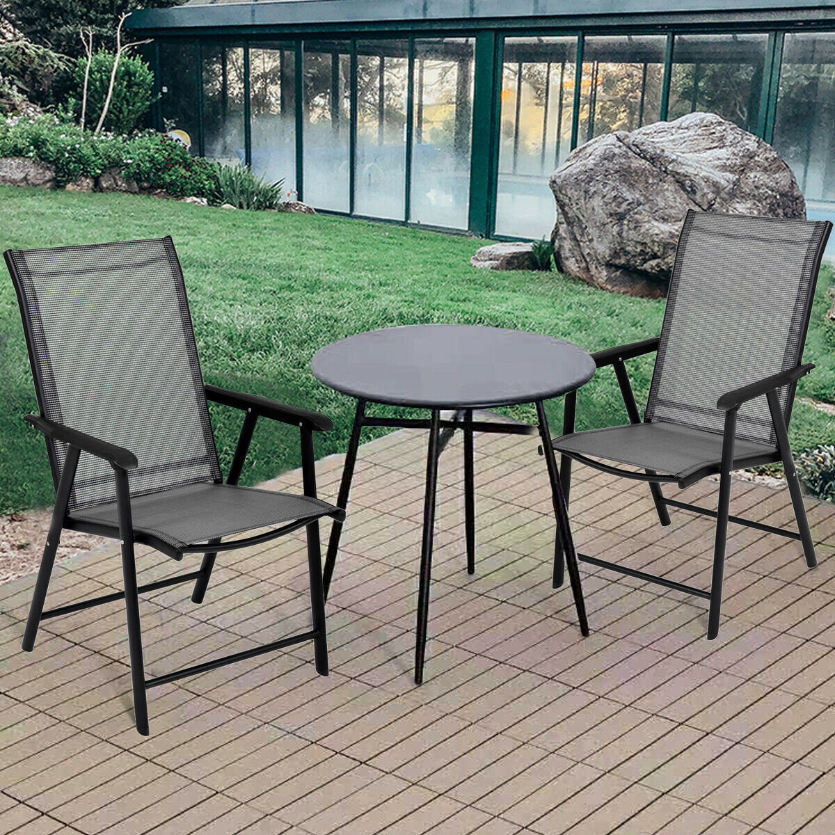 2PCS Folding Chairs Steel Frame Patio Garden Outdoor W/ Armrest & Footrest