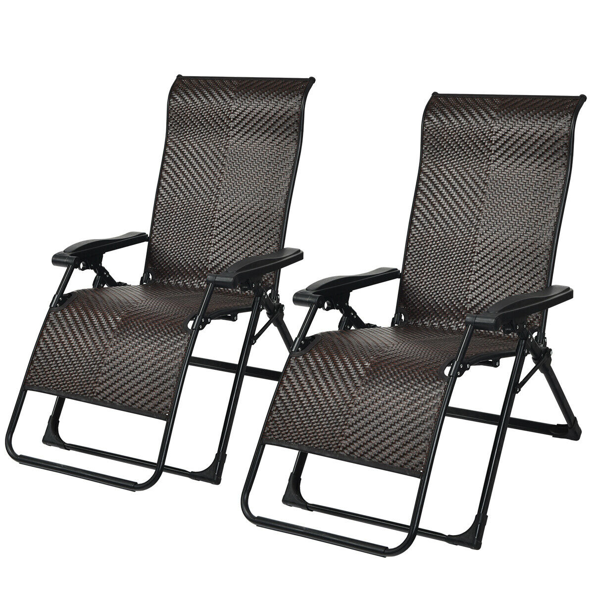 2PCS Patio Rattan Zero Gravity Lounge Chair Folding Recliner Adjustable Headrest