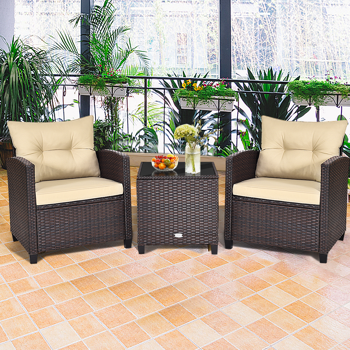 3PCS Outdoor Patio Rattan Conversation Set W/ Cushion Coffee Table