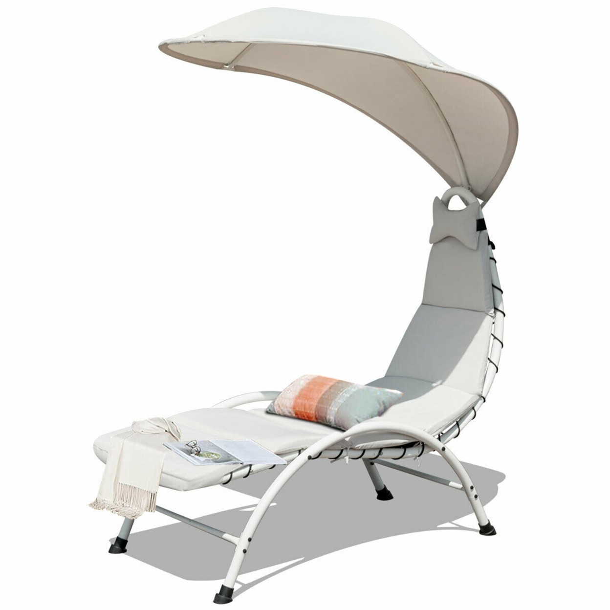 Patio Lounge Chair Chaise Outdoor W/ Steel Frame Cushion Canopy Beige