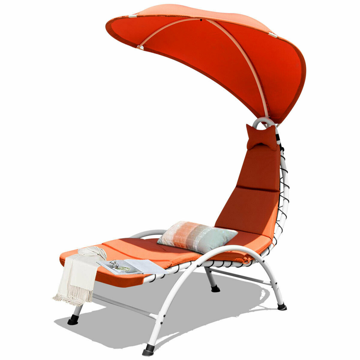 Patio Lounge Chair Chaise Outdoor W/ Steel Frame Cushion Canopy Orange