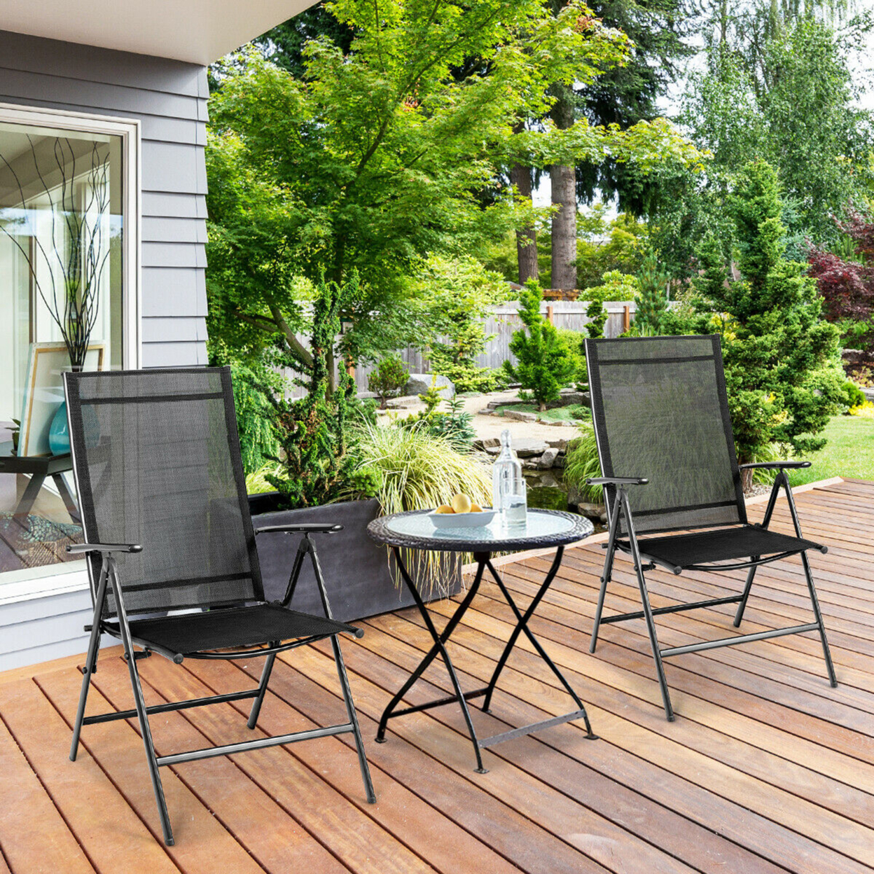 2PCS Folding Chair Patio Garden Outdoor W/ Steel Frame Adjustable Backrest