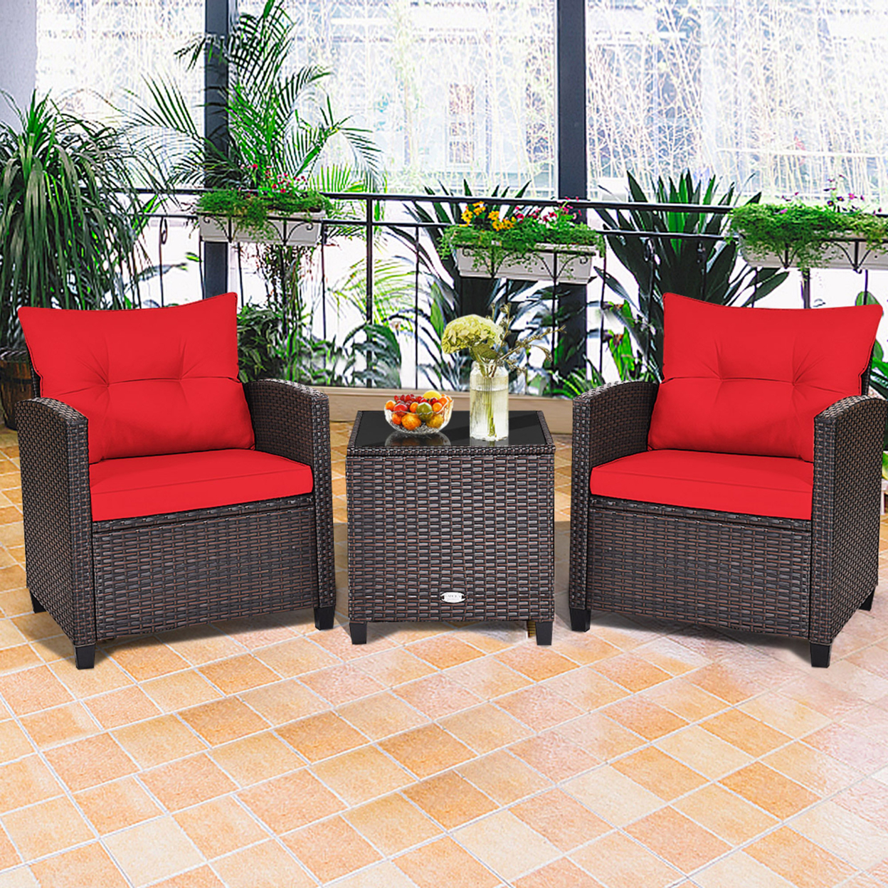 3PCS Outdoor Patio Rattan Conversation Set W/ Coffee Table Red Cushion
