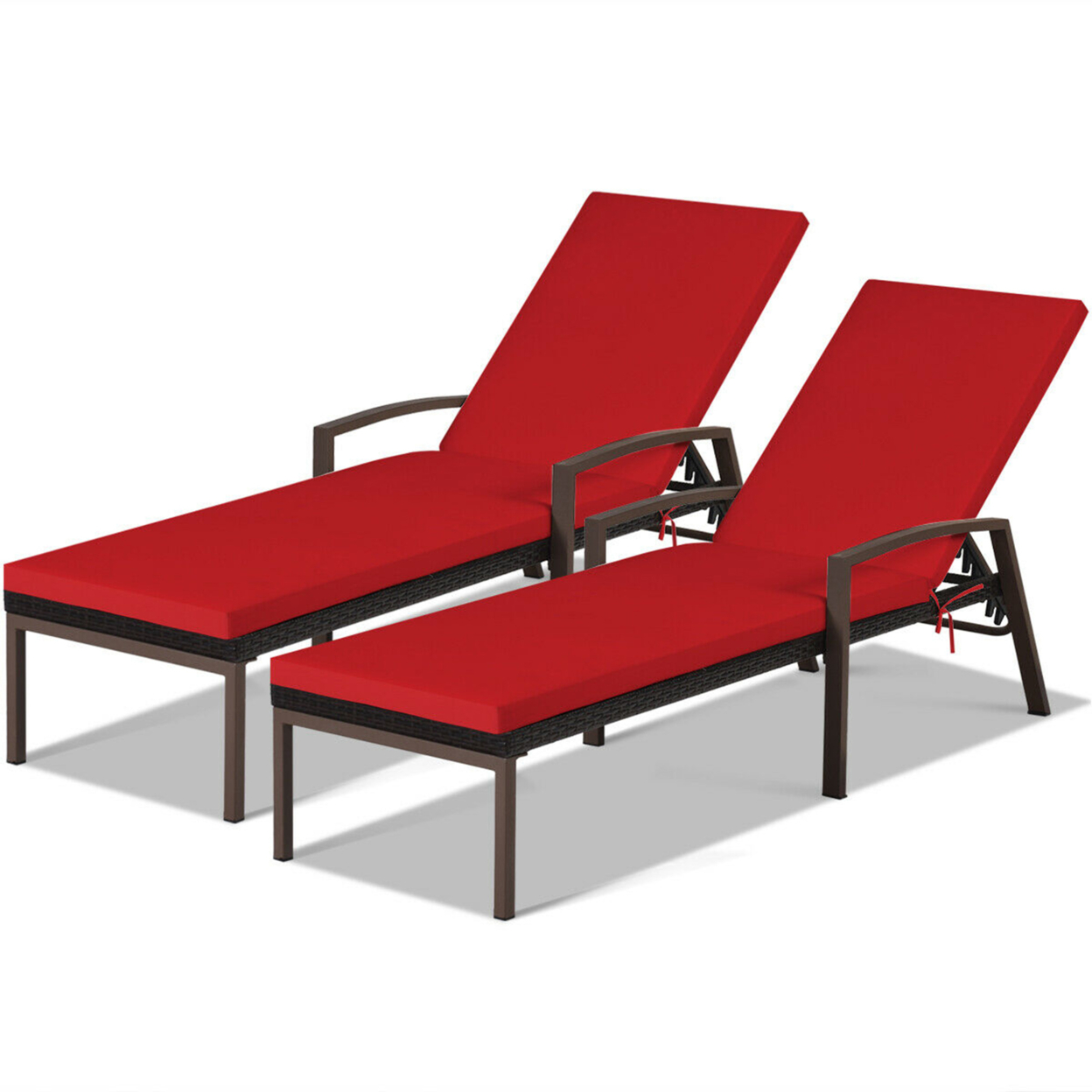 2PCS Adjustable Patio Rattan Chaise Recliner Lounge Chair W/ Red Cushion