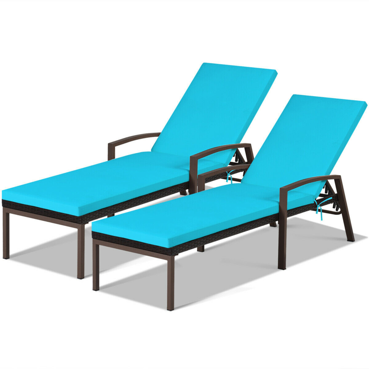 2PCS Adjustable Patio Rattan Chaise Recliner Lounge Chair W/ Turquoise Cushion