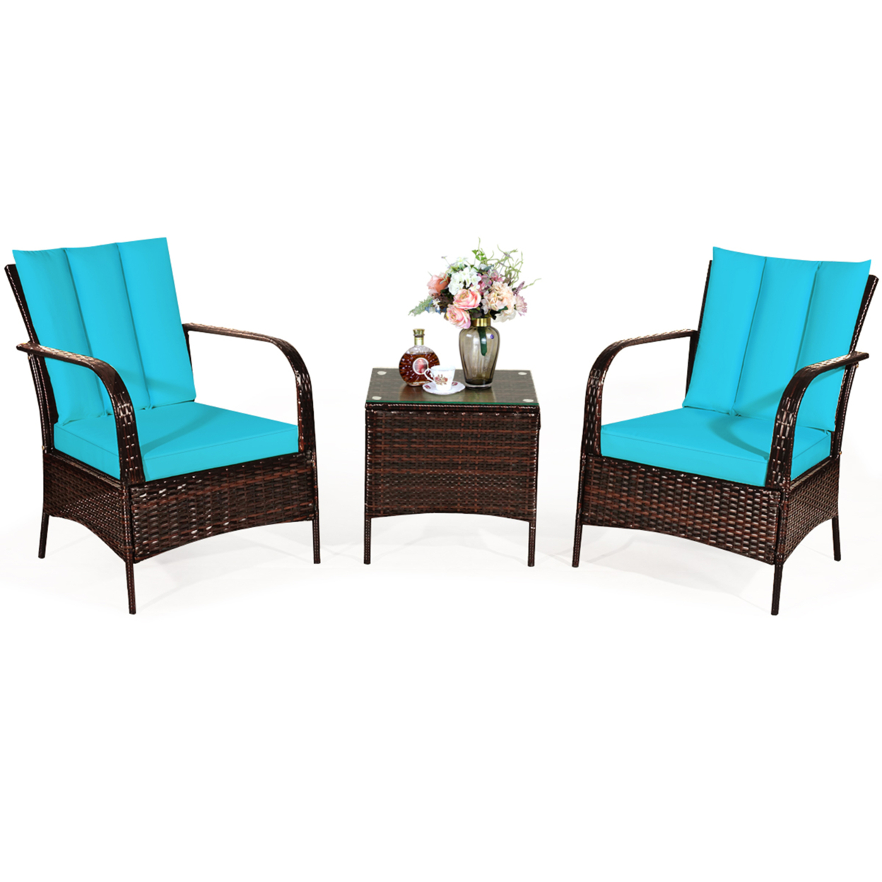 3PCS Patio Rattan Conversation Set Outdoor Furniture Set W/ Turquoise Cushion