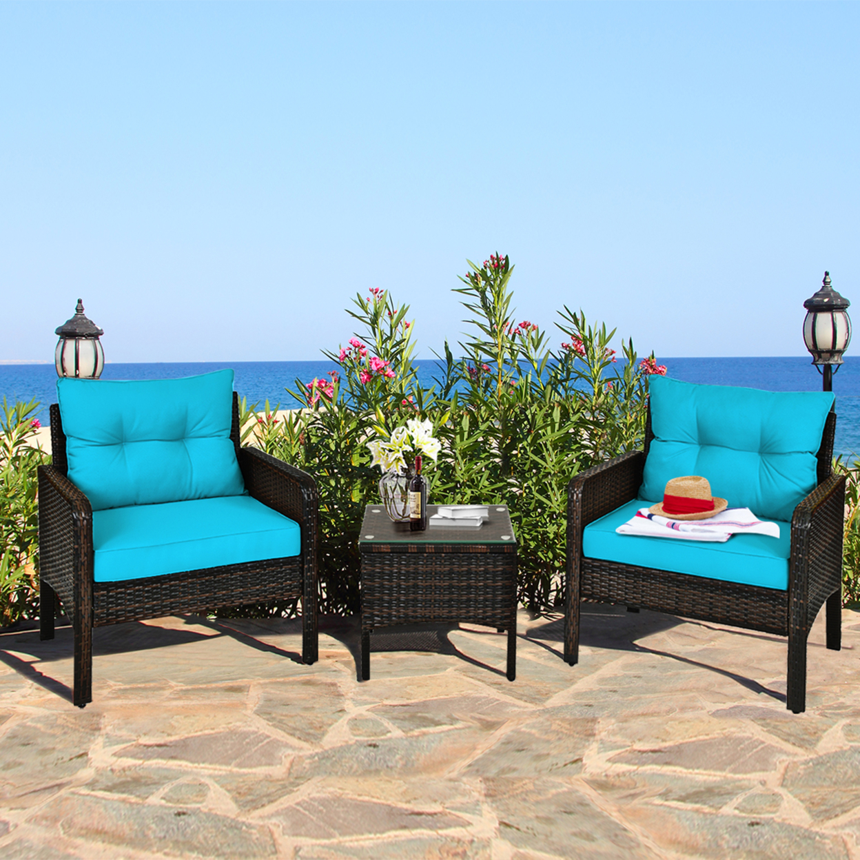 3PCS Patio Outdoor Rattan Furniture Set W/ Coffee Table Turquoise Cushion