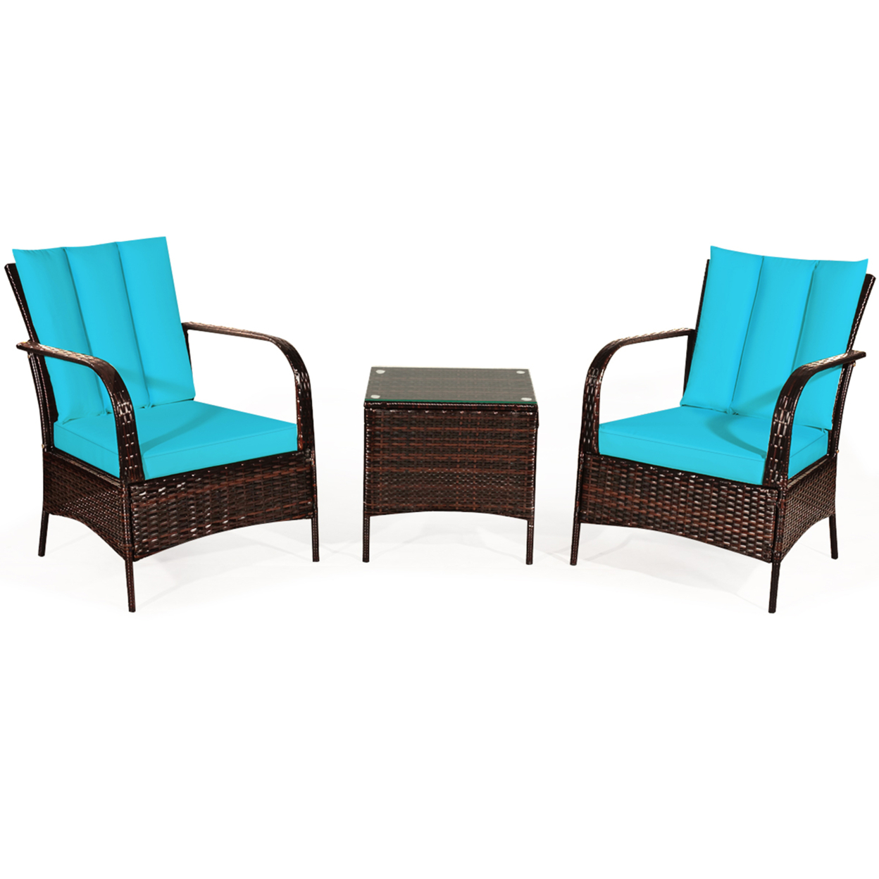 3PCS Patio Rattan Conversation Set Outdoor Furniture Set W/ Turquoise Cushion