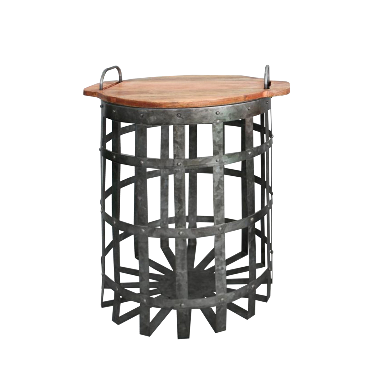 Industrial Grid Galvanized Accent End Table With Round Lid And Handles, Set Of 2, Gray And Brown- Saltoro Sherpi